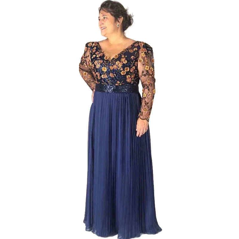Navy Blue Sequined Mother Of The Bride Dresses Appliqued Long Sleeves Chiffon Evening Gown Customized Wedding Guest Dress