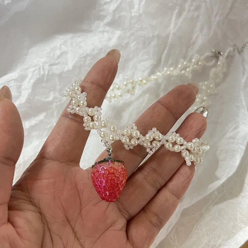 Handmade love necklace, sweet romantic pearl strawberry pendant necklace lovely necklace cute necklace necklace for women y2k