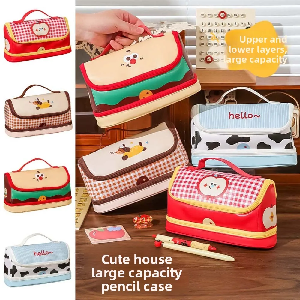 

Hand-held Cartoon House Pen Bag Big House Shape Food Fruit Burger Cow PU Stationery Bag Large Capacity PU Leather Waterproof