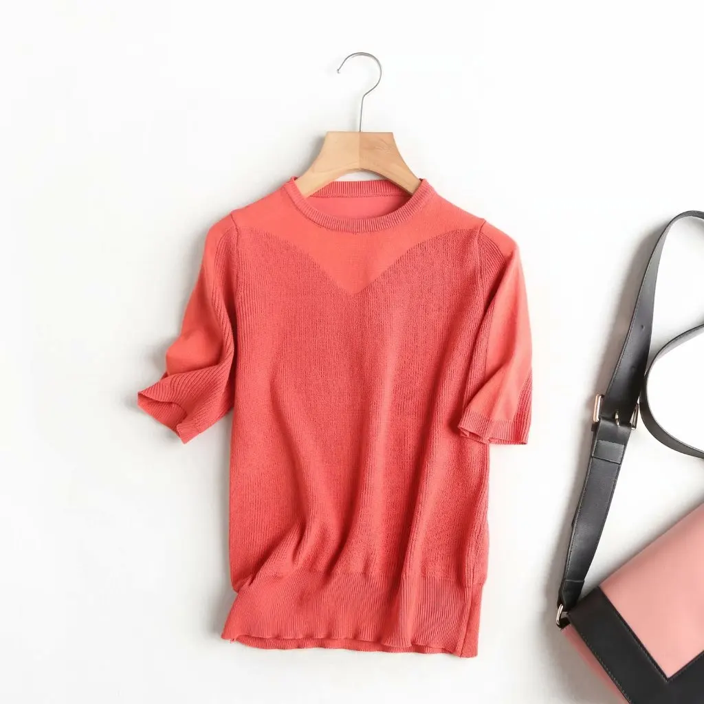 

Korean Women's Casual Ice Silk Back Buckle Top Summer New Simple Wholesale 32DING-E232 Short Sleeve T-shirt