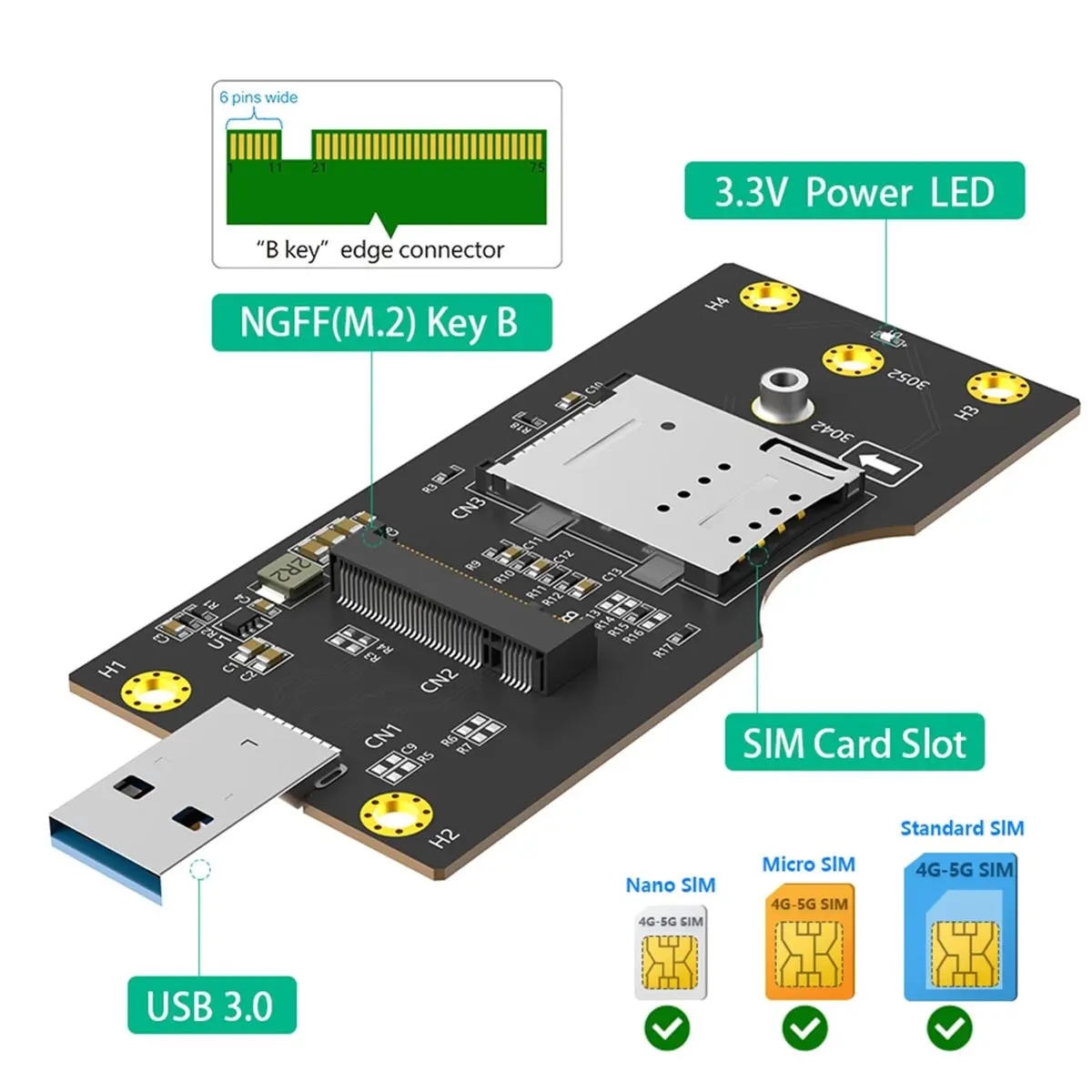 Stable- NGFF(M.2) to USB 3.0 Adapter with SIM 8pin Card Expend Kit Slot for 3G/4G/5G Module 3042/3052 Type NGFF(M.2) Key B Card