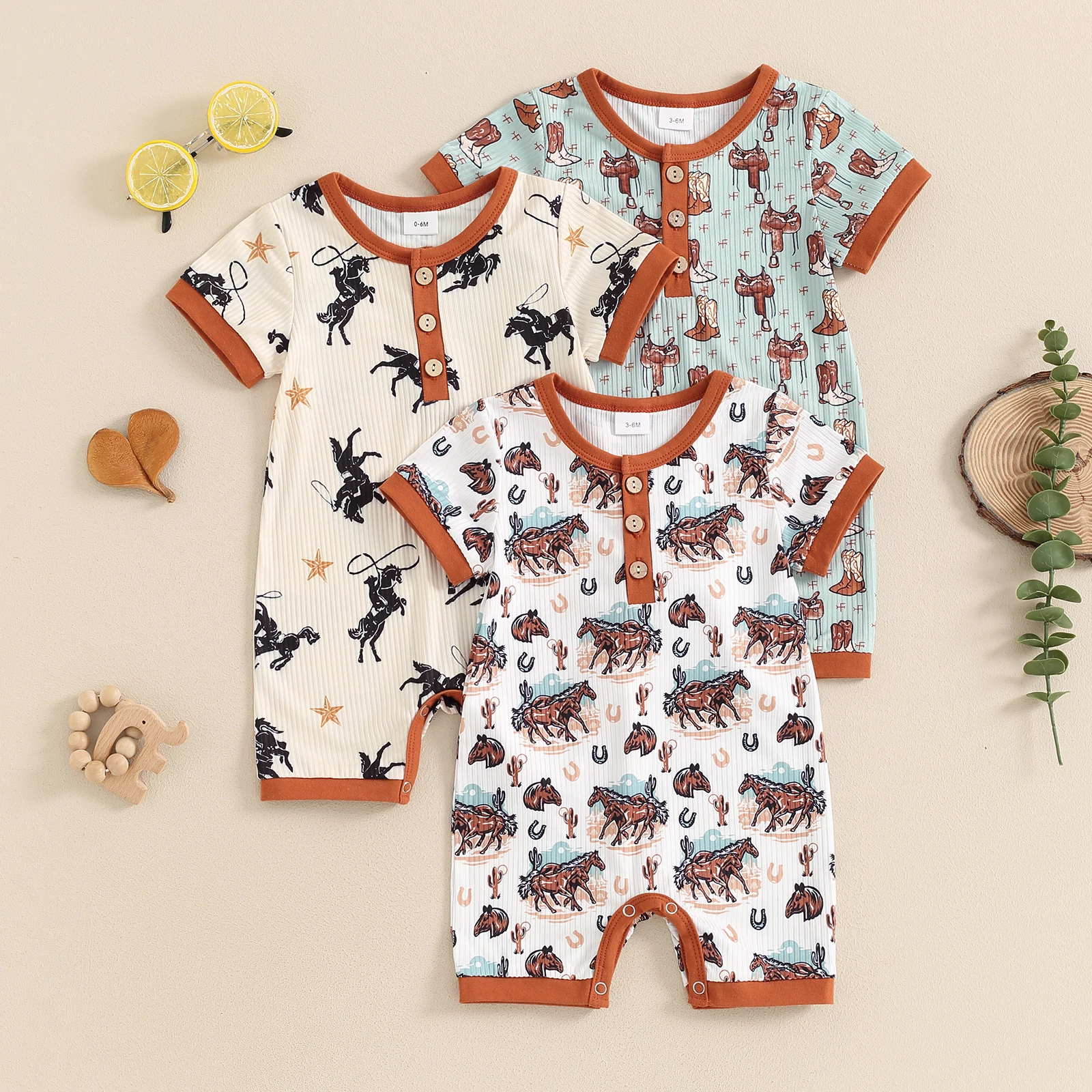 

Tregren Infant Baby Western Summer Romper Booties/Animal Print Button Front Round Neck Short Sleeve Jumpsuit Bodysuits