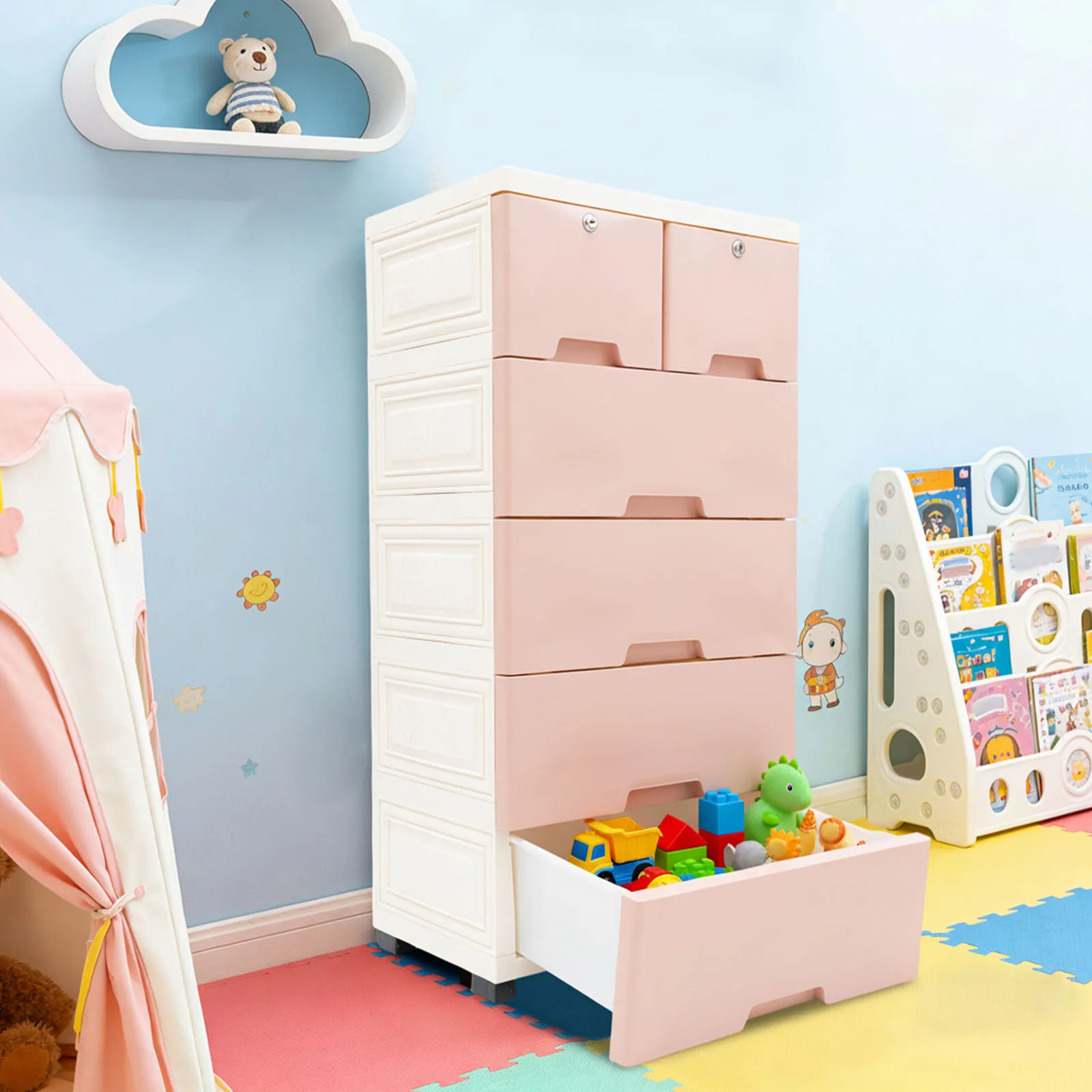 Rectangular Storage Box Plastic Drawers Dresser Storage Cabinet Pink for Neatly Storing Books, Office Supplies, Snacks