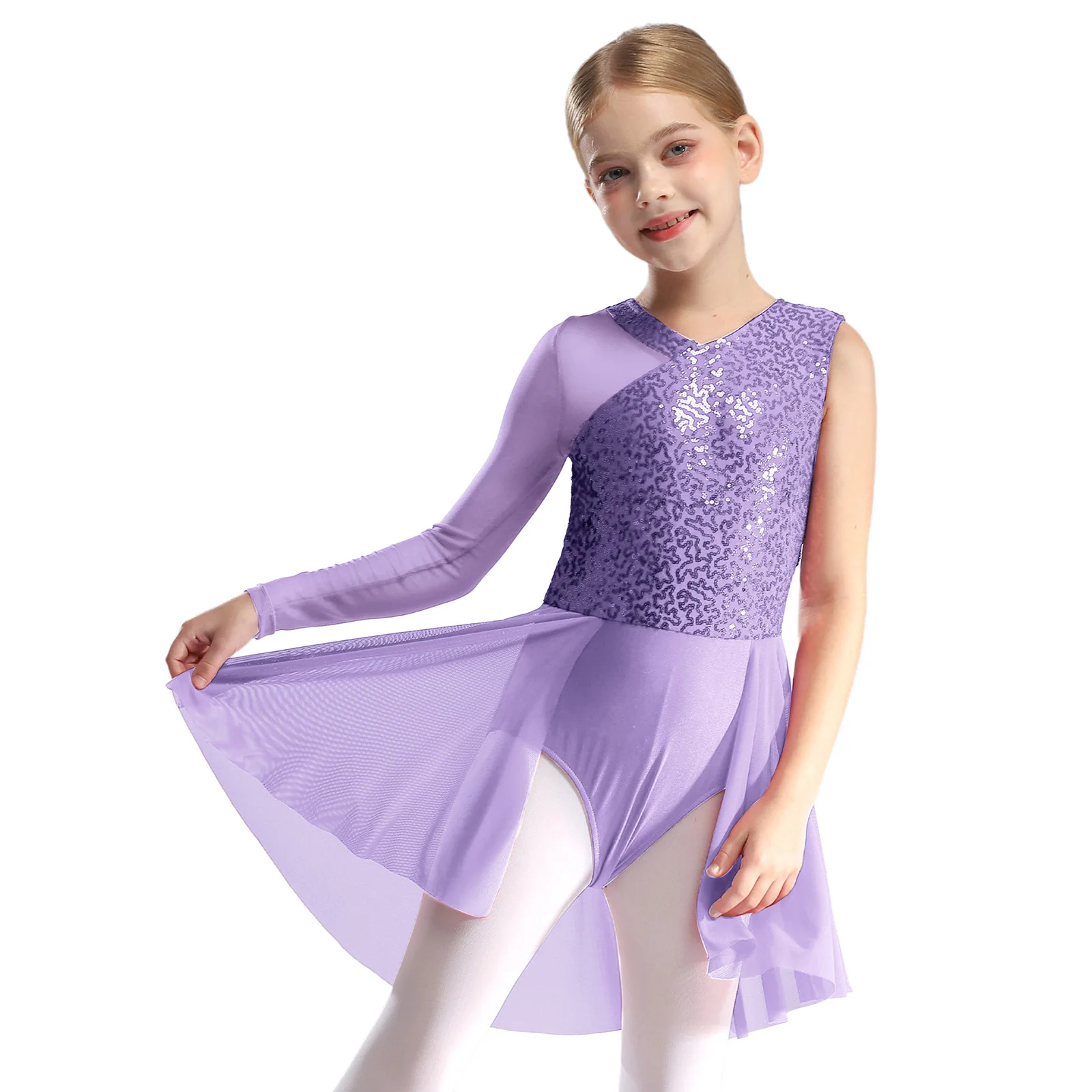 

Girls Sparkly Rhinestone Ballet Lyrical Dance Dress Figure Skating Dancewear Sleeveless Asymmetrical Hem Skirted Leotard Dress