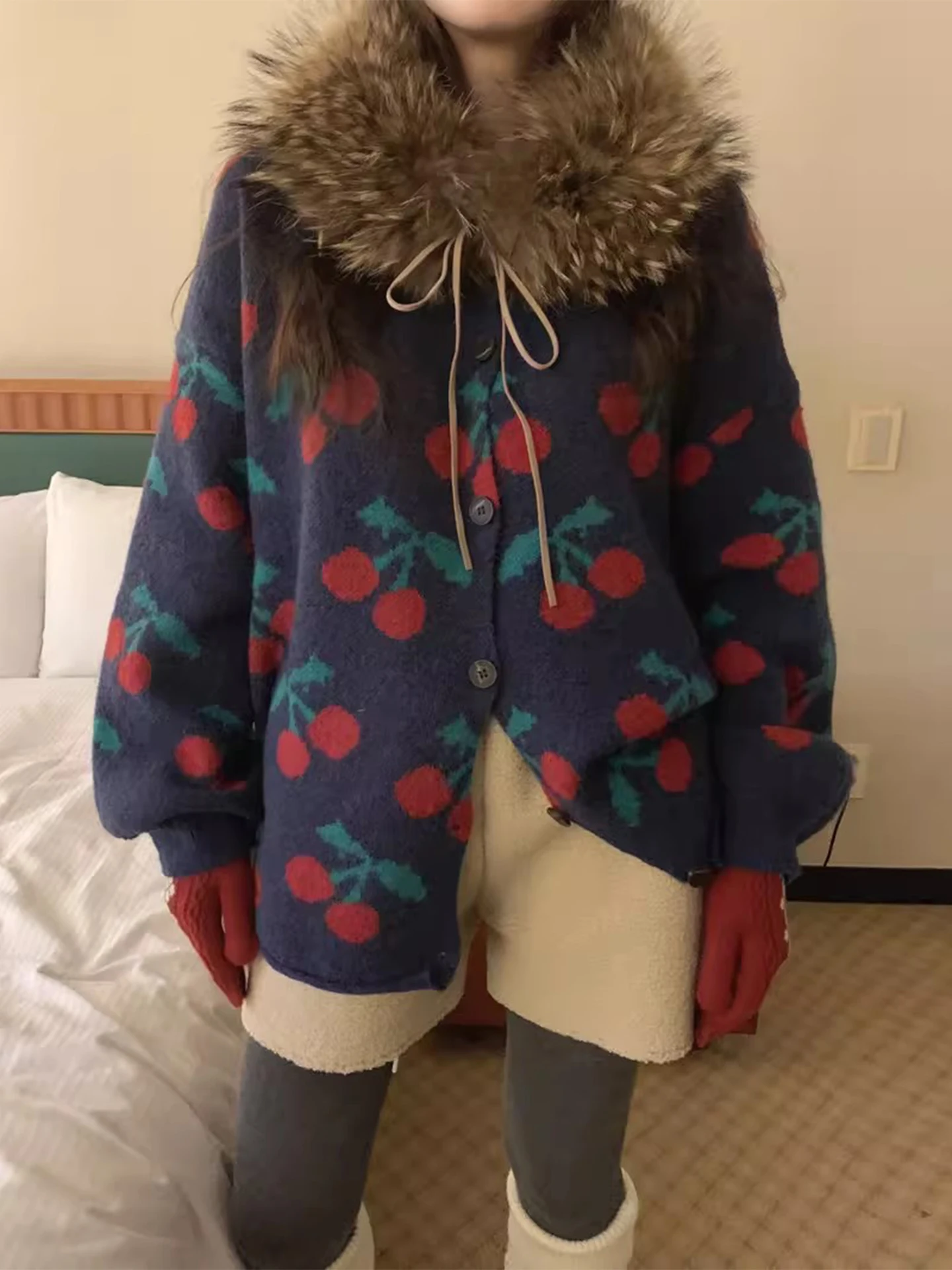 

Retro Anti-Aging Cherry Print Knitted Open Cardigan Women's Autumn Winter New Sle Single Button Loose Versatile Cuffed Sweater