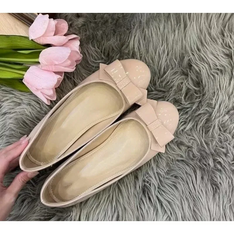Elevated Gentle Slip-On Ballet Flats French Butterfly Knot Miniature Shoes Suitable for Skirts Summer Low Heel round Head Rub...