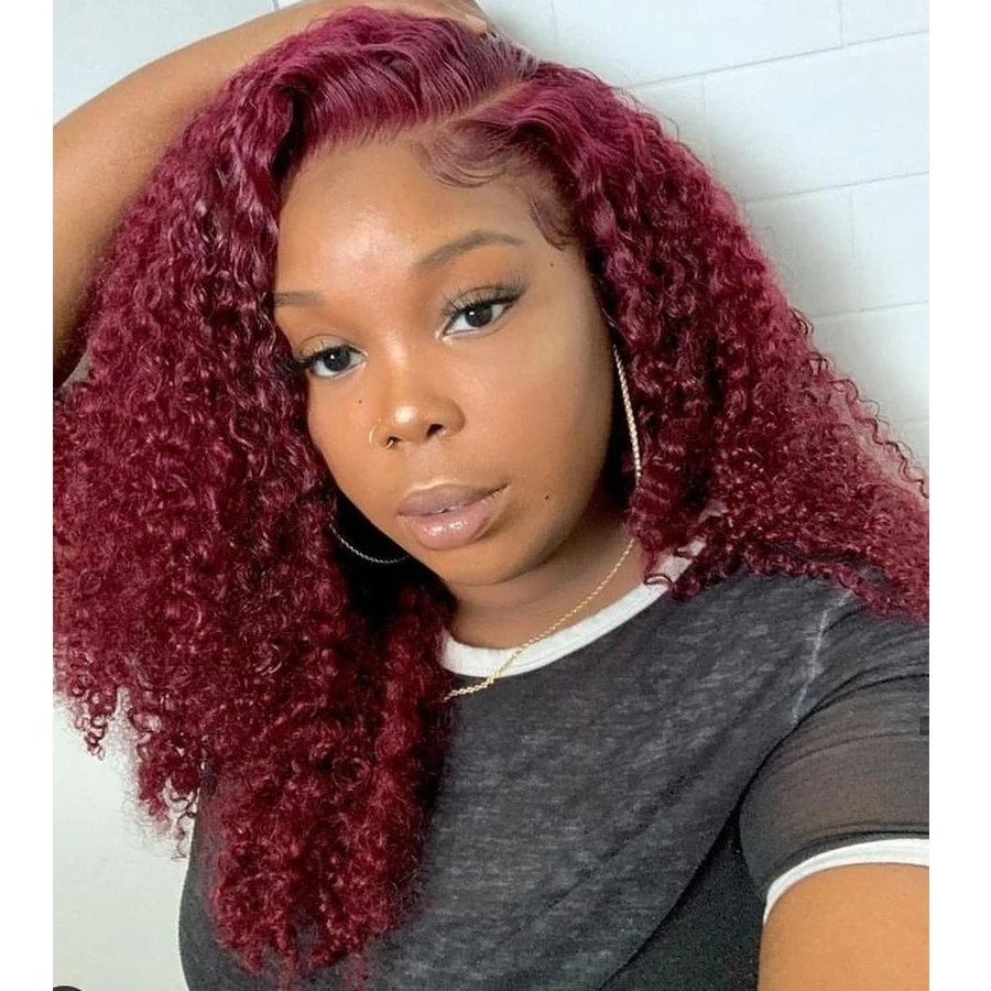 

Kinky Curly 99J Wine Red 180Density Thick 13x4 Synthetic Lace Front Wigs for Black Women Glueless Long 22Inches Burgundy Wigs