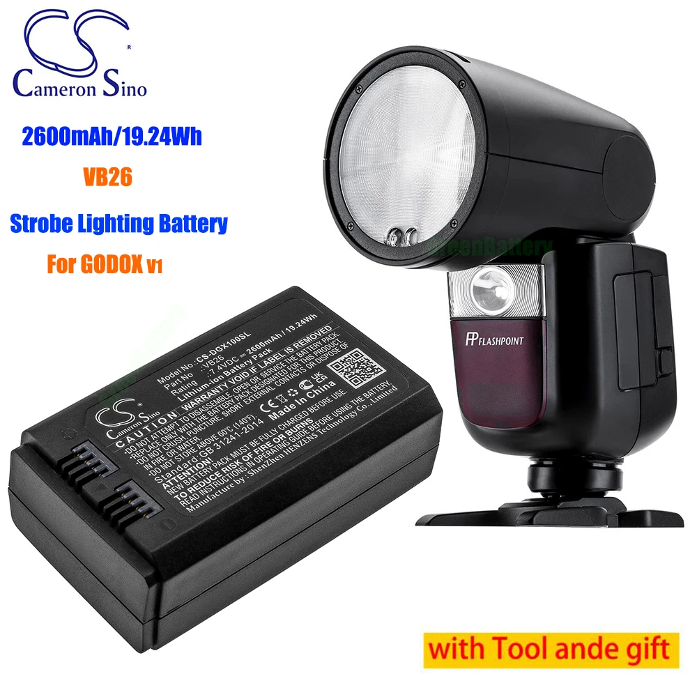 CameronSino VB26 Strobe Lighting  Li-ion 2600mAh/ 19.24Wh Battery for GODOX  V1 Black