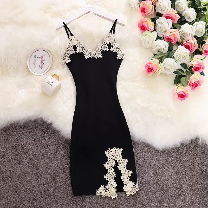 2026 Elastic Guipure Lace Panel Bodycon Cami Dress Elegant Split Spaghetti Strap Dress  Women's Clothing Short Dress