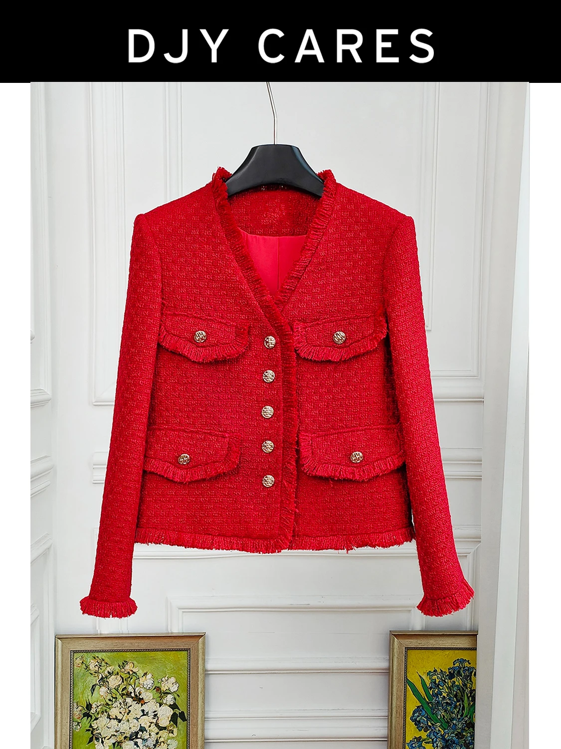 

New Rough woolen V-neck coat, wool woven versatile red top big size