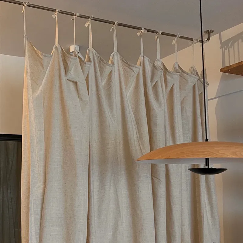 Modern Linen Curtains with Tie-Back | Natural Hemp Color Room Divider & Blackout Ready-Made Window Drapes,Holes Free