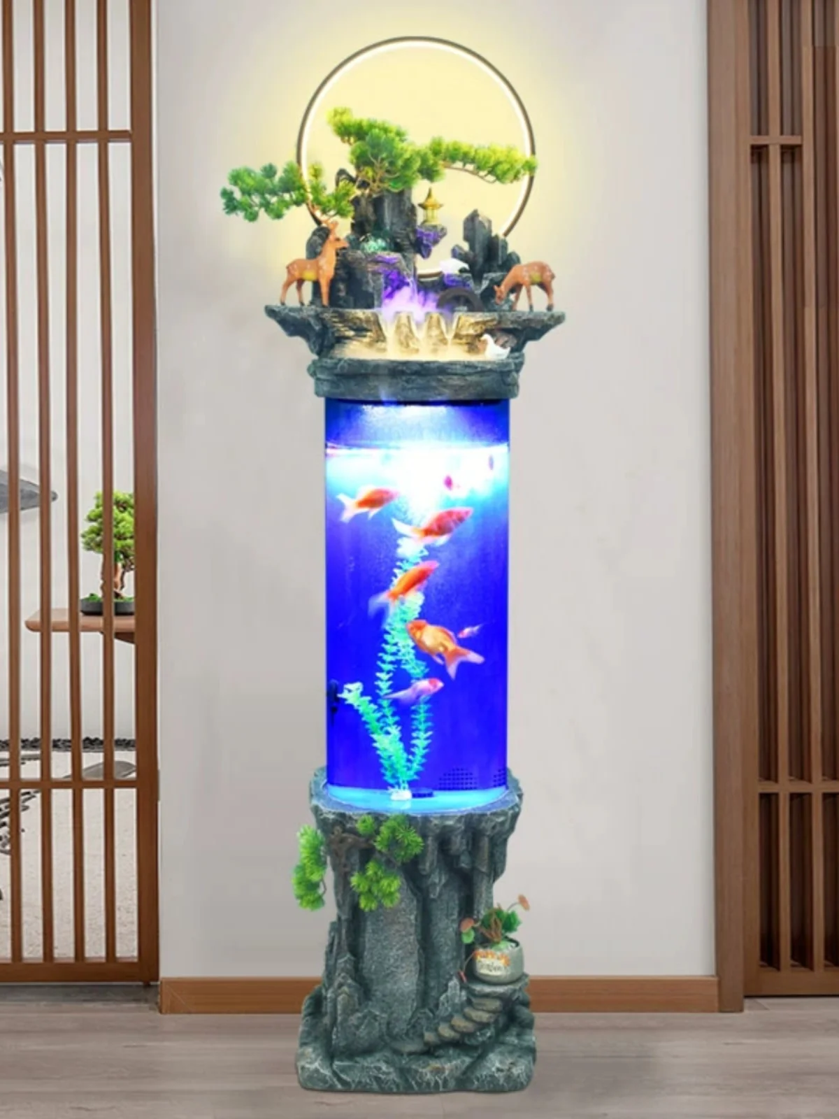 New Chinese-style running water fountain water feature cylindrical goldfish tank water-free floor ornament humidifier