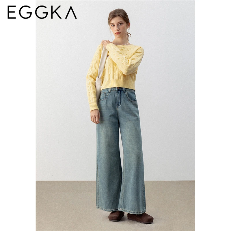 EGGKA Grinding Wide-leg Jeans Female Winter New Straight Pants High Waist Denim Pant Office Lady Versatile Commuter Blue Jeans