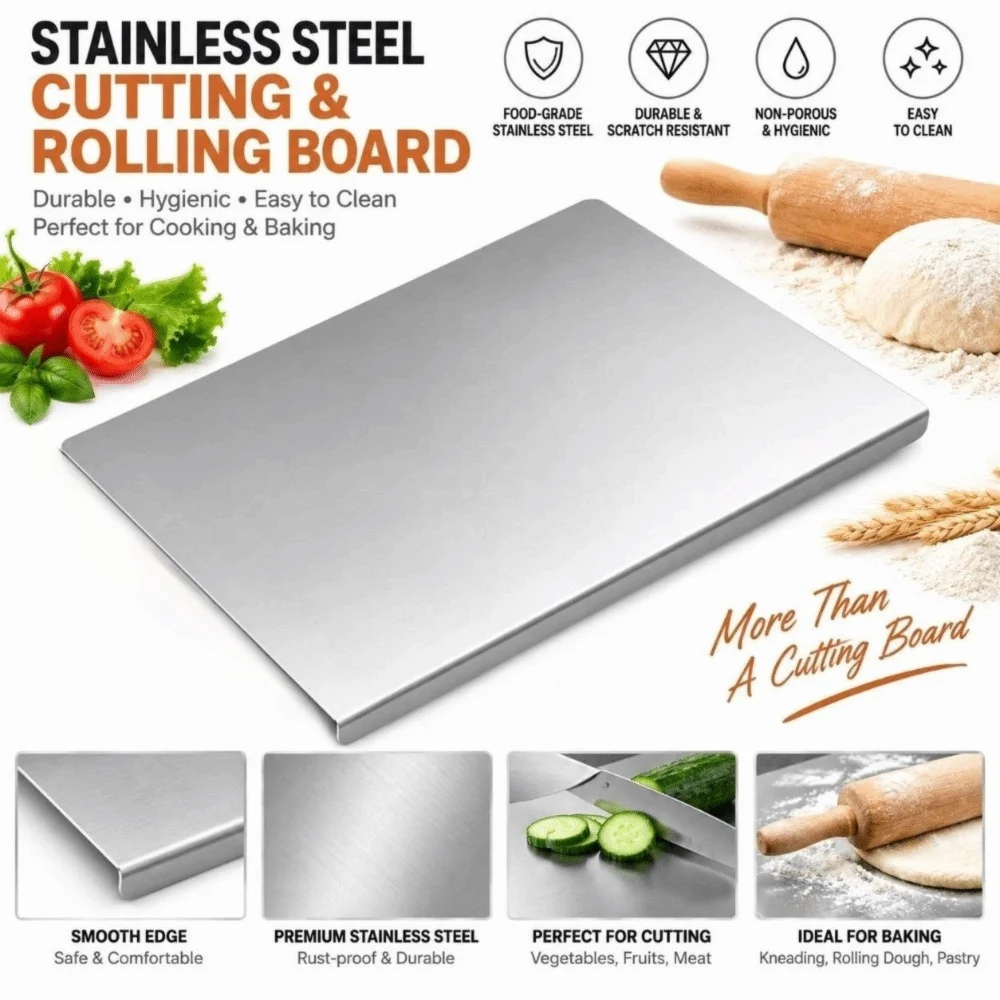 304 Stainless Steel Cutting Board Silver Easy to Clean Metal Chopping Board Non-Slip Edge Multi-functional Baking Pastry Board