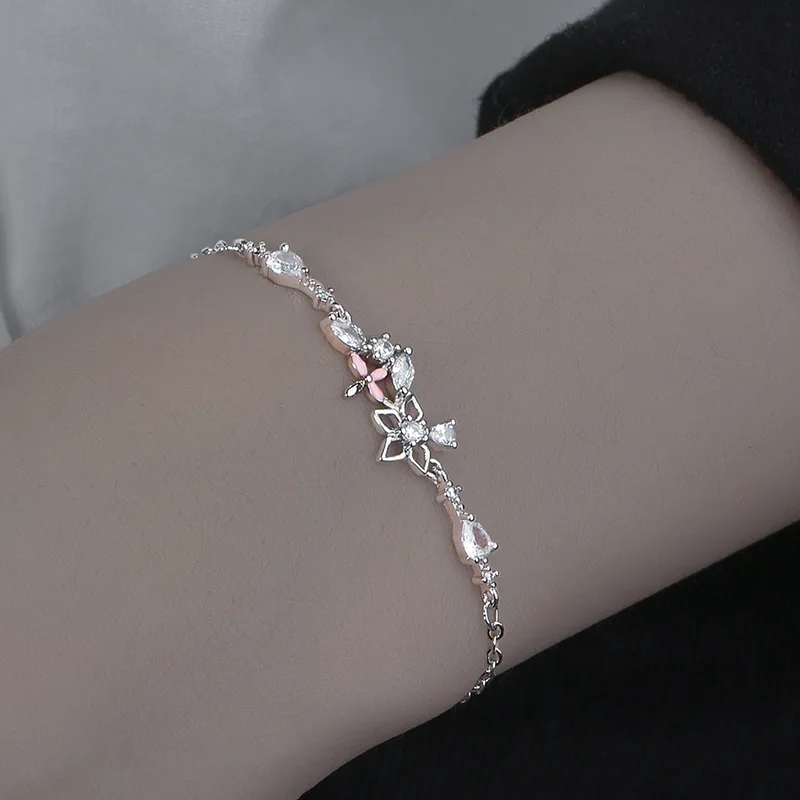 

VENTFILLE 925 Sterling Silver Original Design Women's Simple Sweet and Fresh Student Flash Diamond Flower Bracelet