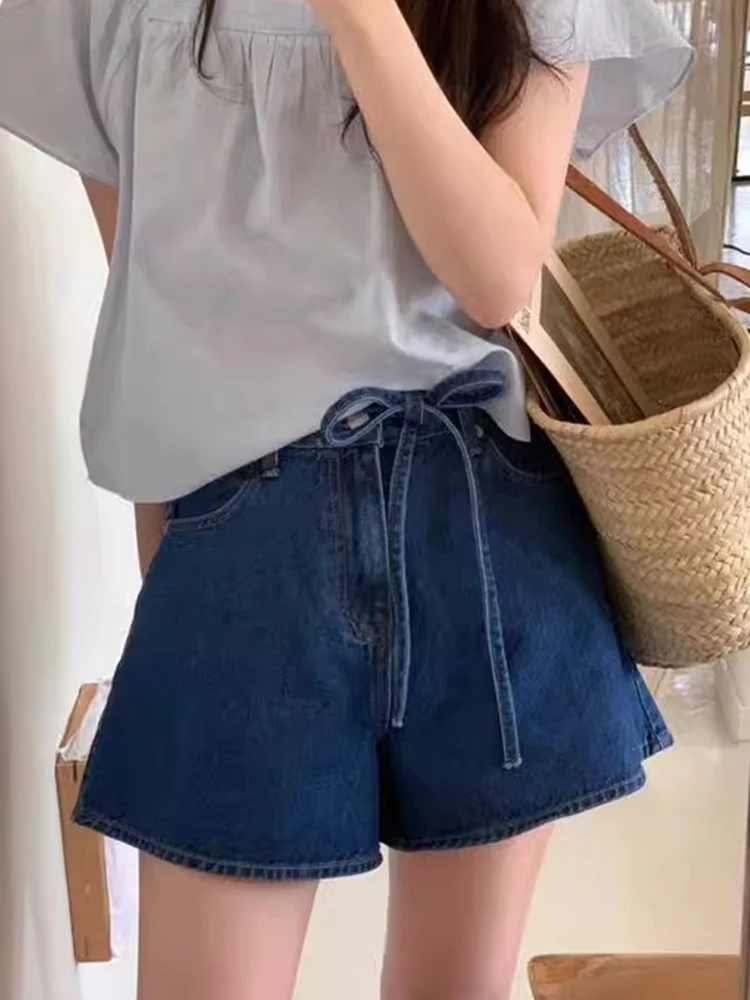 

Летние шикарные джинсовые орты трапециевидной формы с высокой талией и широкими штанинами, женские утягивающие универсальные повседневные синие джинсы orts