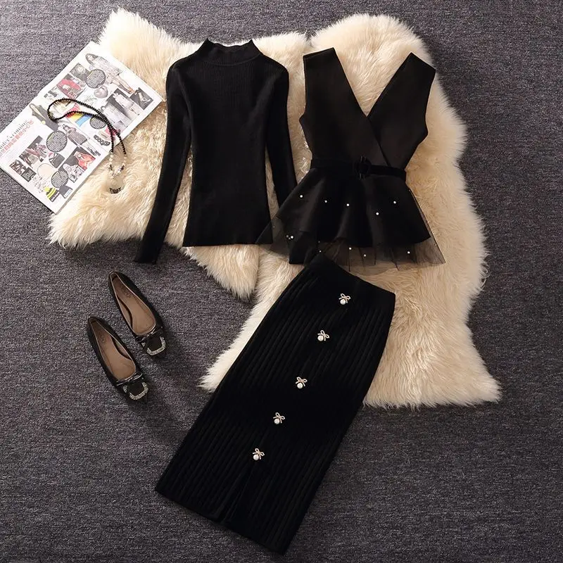 Women\'s Spring Autumn Winter Knitwear Suits Fashion Knitted Wrap Hip Skirt Black Bottom Sweater Pearl Mesh Vest Three Piece Set