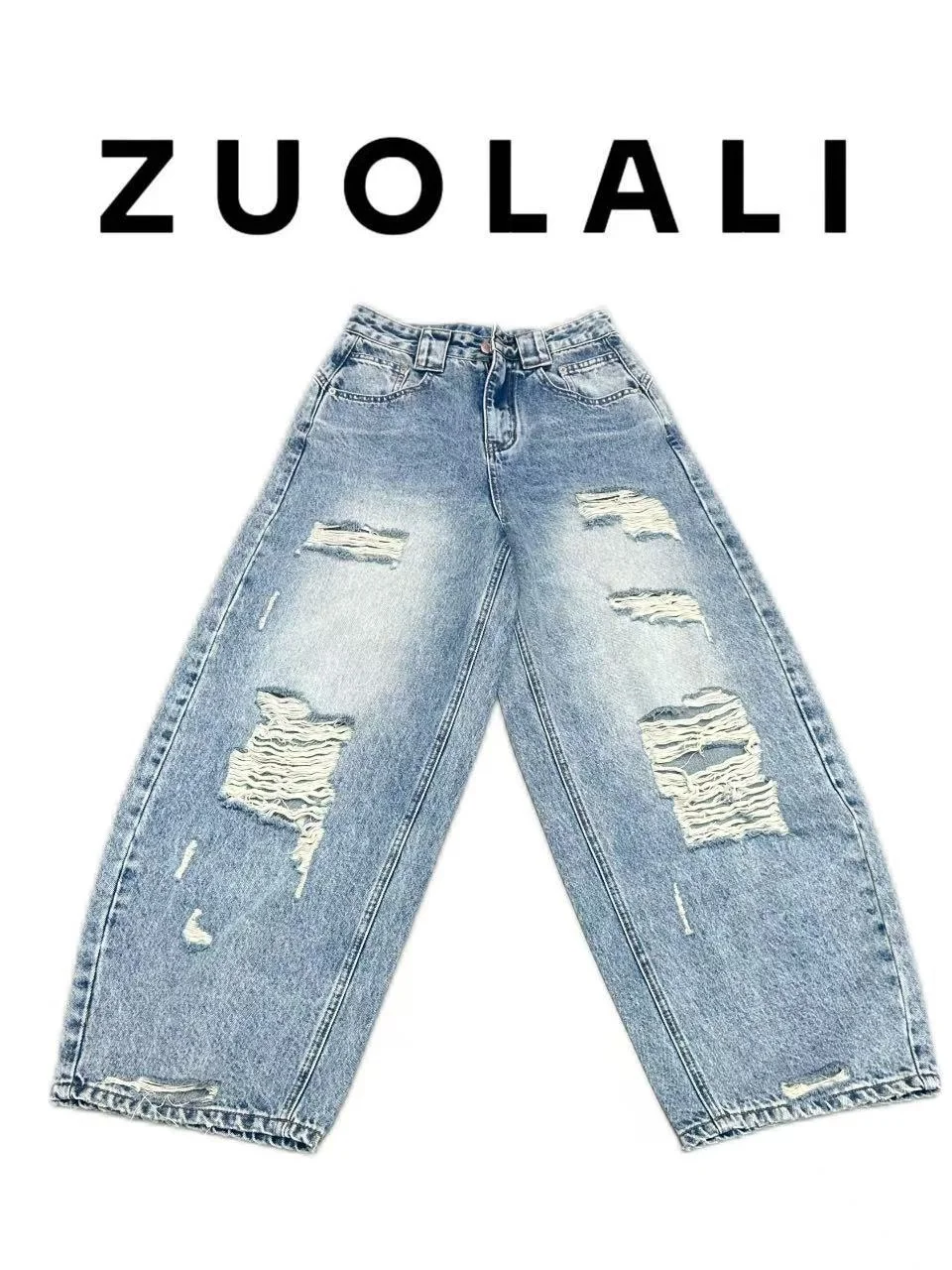 

Джинсы Zuolali с высокой талией, модным дизайном с дырками, из серии Workwear, новые, повседневные, широкие, синие, из смесового хлопка, удобные, дышащие