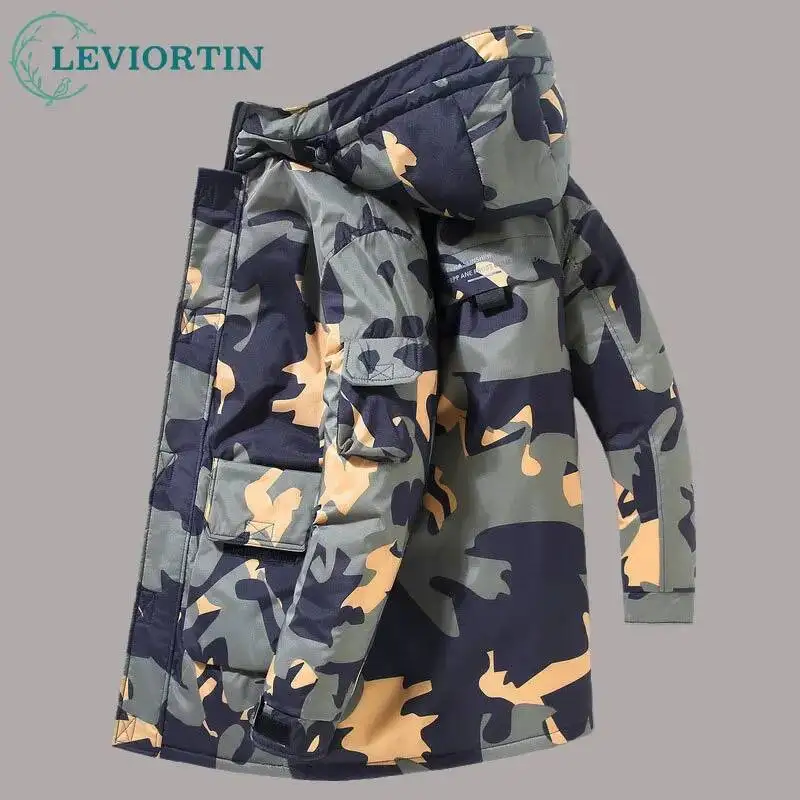 Winter men's versatile hooded outdoor camouflage mid length down jacket windproof, waterproof and warm, overcoming challenges