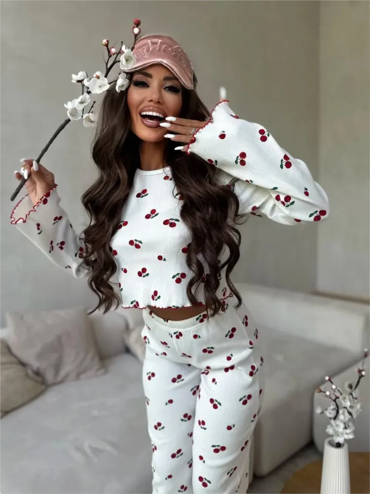 Pigiama Set a due pezzi per donna Stampa moda O-Collo Maniche lunghe Top Pantaloni lunghi Abito Primavera Autunno Donna Casual Nighty Outfit