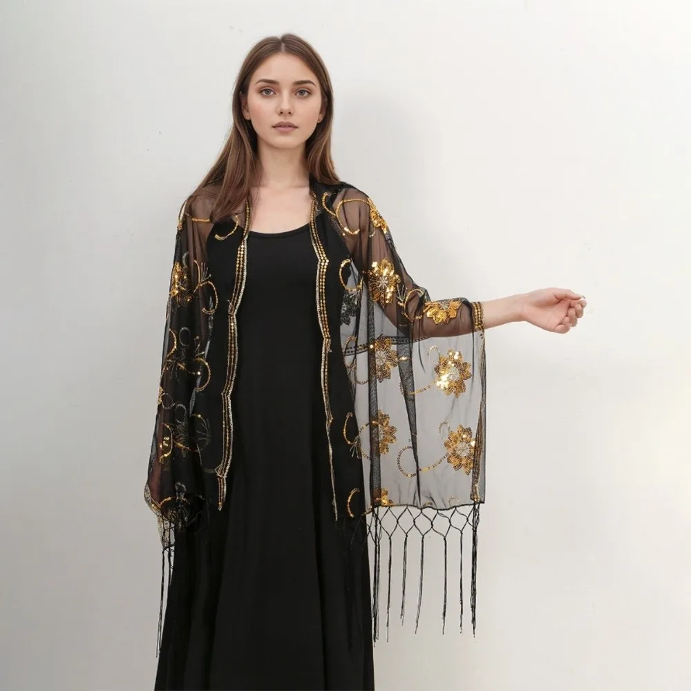 

Elegant Glitter Sequins Shawls Tassel Flower Pattern Mesh Wedding Cape Long Embroidered Lace Bridal Bridesmaid Shrugs