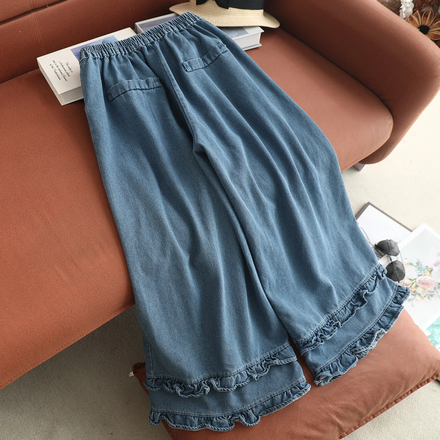 Japanese Vintage Mori Girl Ruffles Hem Denim Wide Leg Pants Women Spring Autumn New Elastic Waist Casual Loose Straight Jeans