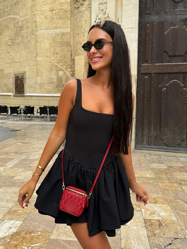 HH 女性用サマーセクシー スリムミニドレス 無地 スクエアカラー ノースリーブ バックレス プリーツ飾り ジッパー付き レディースファッションドレス