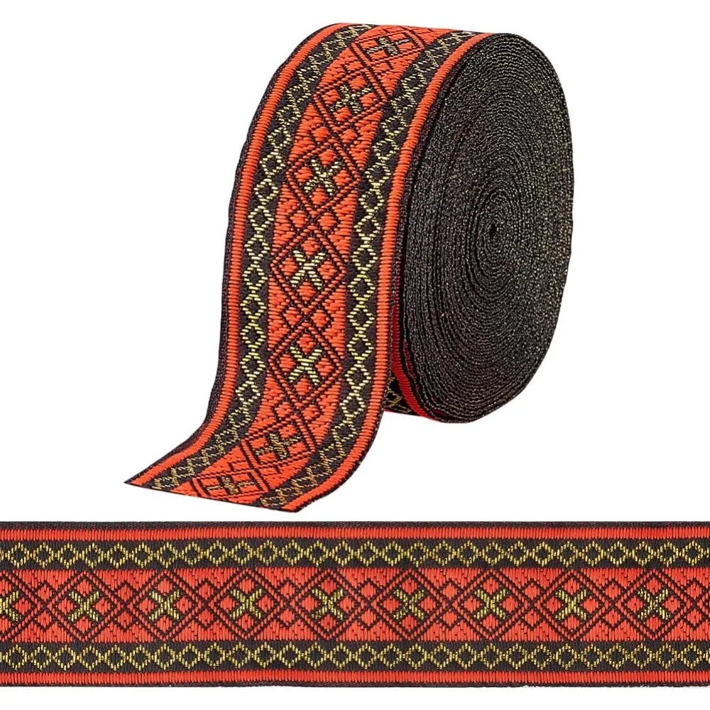 7.6 Yards Jacquard Ribbon Geometric Woven Trim Ethnic Ribbon, 1.3 Inch/ 3.3cm Red Embroidered Ribbon Jacquard Braid Trim