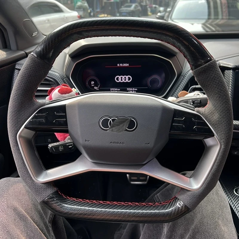 for Audi Q4etron Q5etron 2022 2023 DIY Hand Stitched Yellow line yellow-labeled suede non-slip Car Steering Wheel Cover
