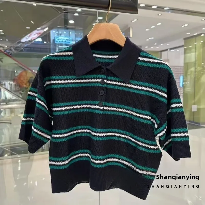 

Раннеосенняя повседневная вязаная рубашка в полоску для женщин, с рукавом три четверти, с цветочным узором, модная, для офиса