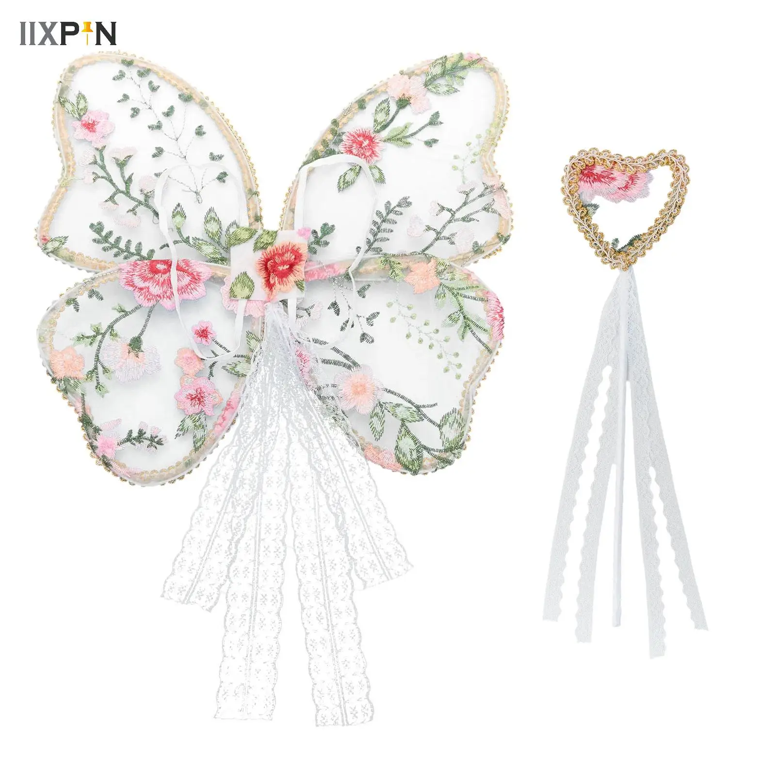 Lace Flower Fairy Butterfly Wings with Wand White Set Embroidery Wings For Kids Girls Halloween Cosplay Party Photography Props