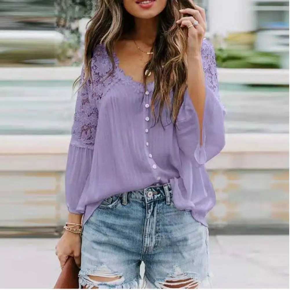 Women Blouse V-neck 3/4 Flared Sleeve Elegant Cut Out Lace Patchwork Blouse Solid Color Single Breasted Lace Blouse Shirt