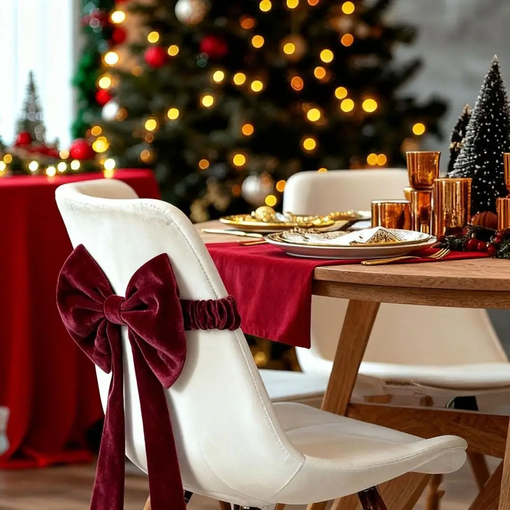 Velvet Christmas Red Chair Bows Elastic Ribbon Gift Bows Big Bows Tie Back Dining Chair Cover