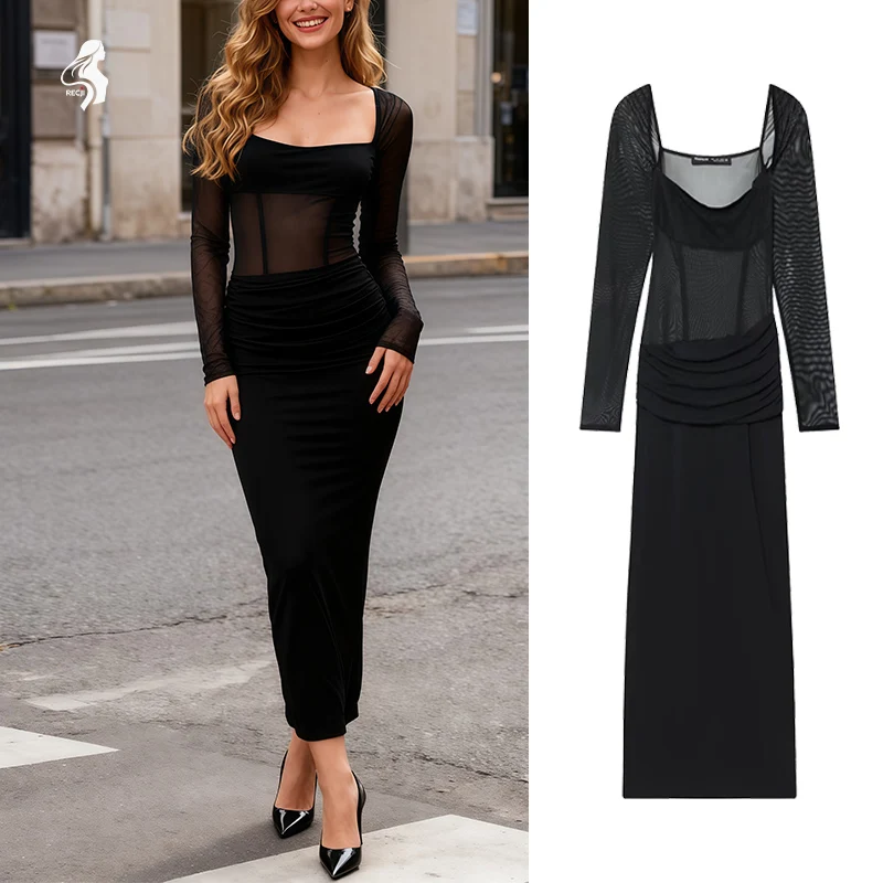 Robe longue en maille noire à manches longues pour femmes – Col carré, taille froncée, robe de soirée transparente et élégante