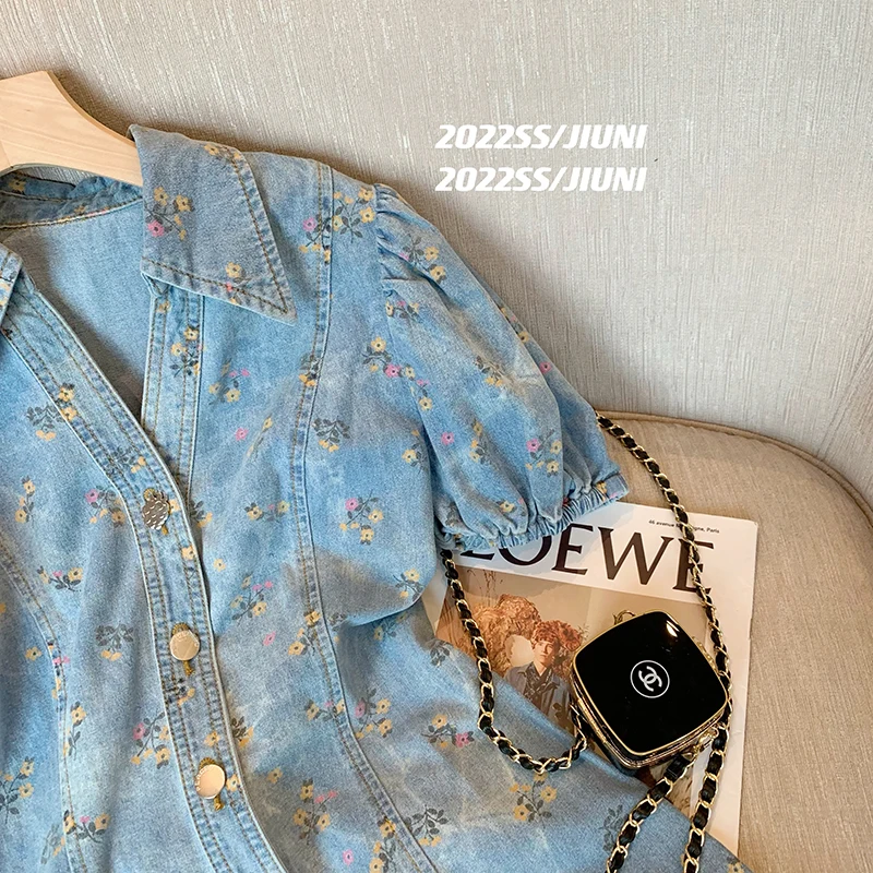 Women Fashion A-line Mini Denim Dress Summer Single-Breasted Short Puff Sleeve Turn-down Collar Floral Split Jean Dresses Female