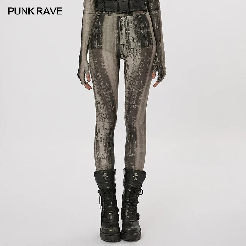 

PUNK RAVE Women's The Post-apocalyptic Techwear Tight Printing Mesh Leggings Decayed Feeling Sexy Personality Street Wear Pants