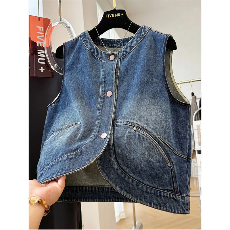 Design Sense Retro Casual Denim Vest Coat Women's Vest Waistcoat Sleeveless Spring Autumn Denim Jacket Top Female Outerwear