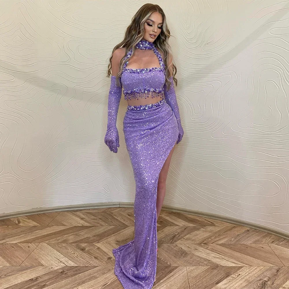 

Customized Purple Sequin Prom Dress Mermaid High Collar Sleeveless Sexy Gown Long Crop Top Side Slit Luxury For Women High Qua