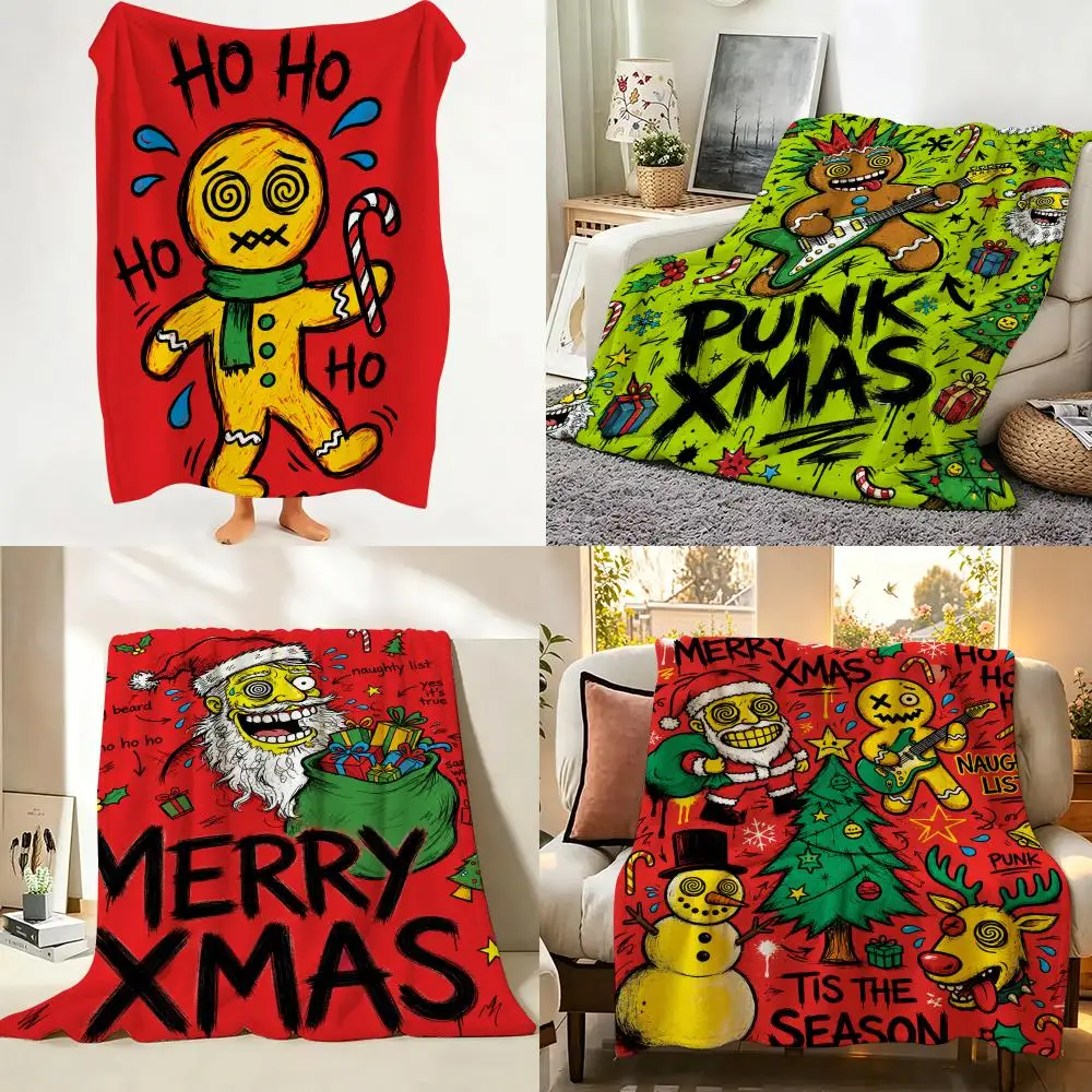 Punk Rock Santa Street Graffiti Halloween Collection Throw Flannel Throw Blanket Suitable warm for Sofa、Living Room、Bedroom soft