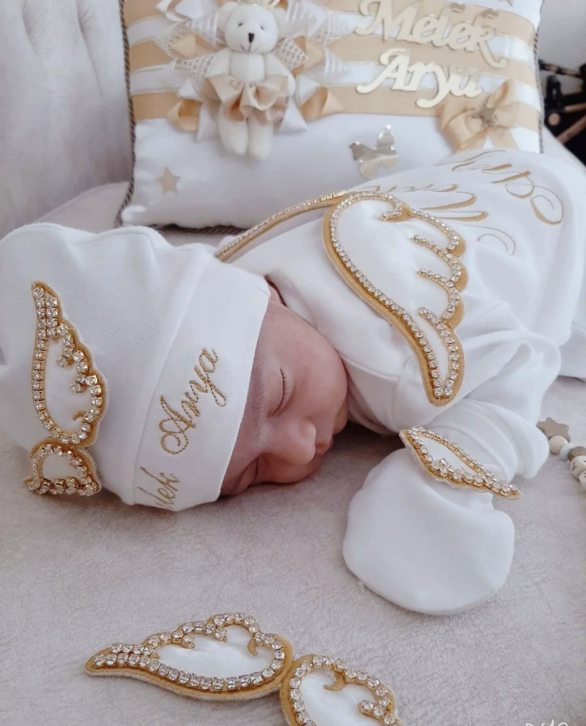 Dollbling Hospital Exit Disposible Embroidery Name Newborn Angle Wings Romper Nursery Bedding Handmade Infant Outfit