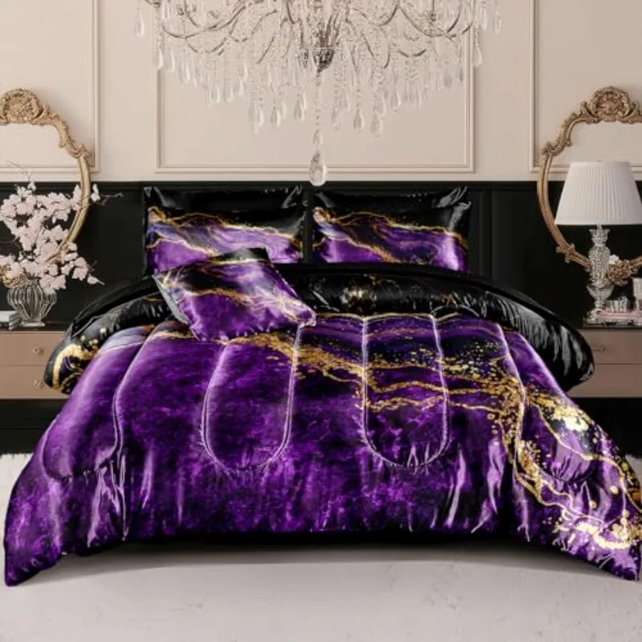 

Satin Comforter Set Marble Bedding Marble Stone Bedroom Decor Artwork Abstract Comforter Silk Like Silky Bed in A Bag with Comf