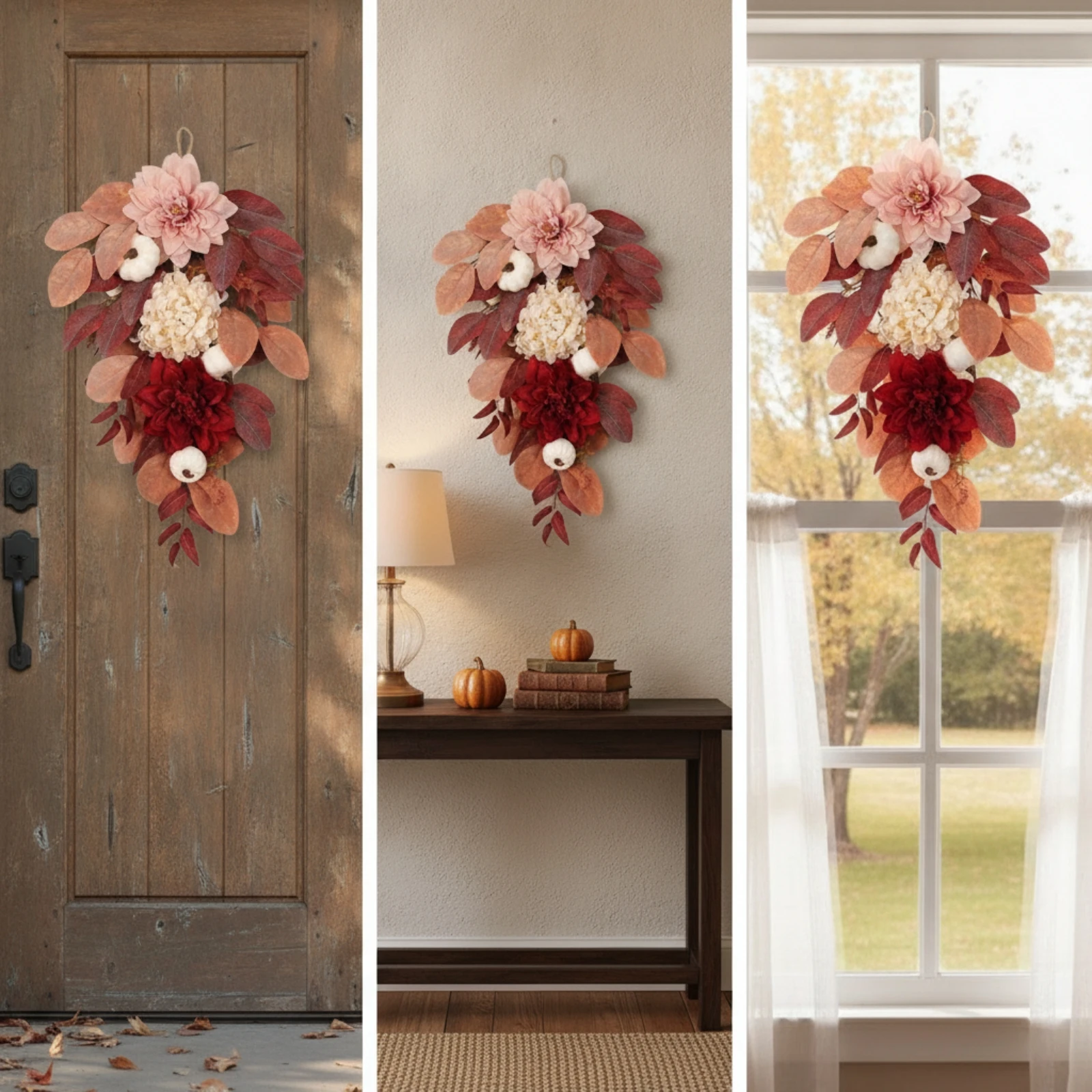 Fall Harvest Door Swag Autumn Teardrop Wreath with Pumpkins Fall Teardrop Swag Indoor Outdoor for Entryway, Thanksgiving