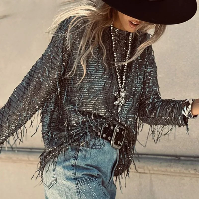 

Женская блузка Ele с пайетками, модная, с бахромой, блестящая, из синтетической ткани, А-силуэт, не дающаяся в драпировке, Зима 206