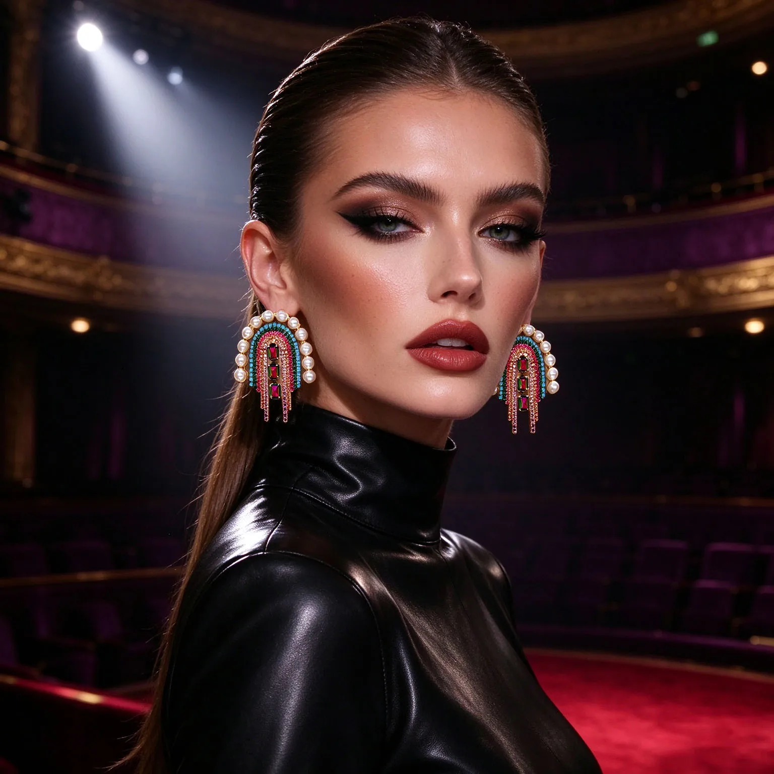 1pc Women Arch Faux Pearl Multicolor Rhinestone Tassel Earrings Oversized Crystal Statement Drop Earrings for Pageant Party Even