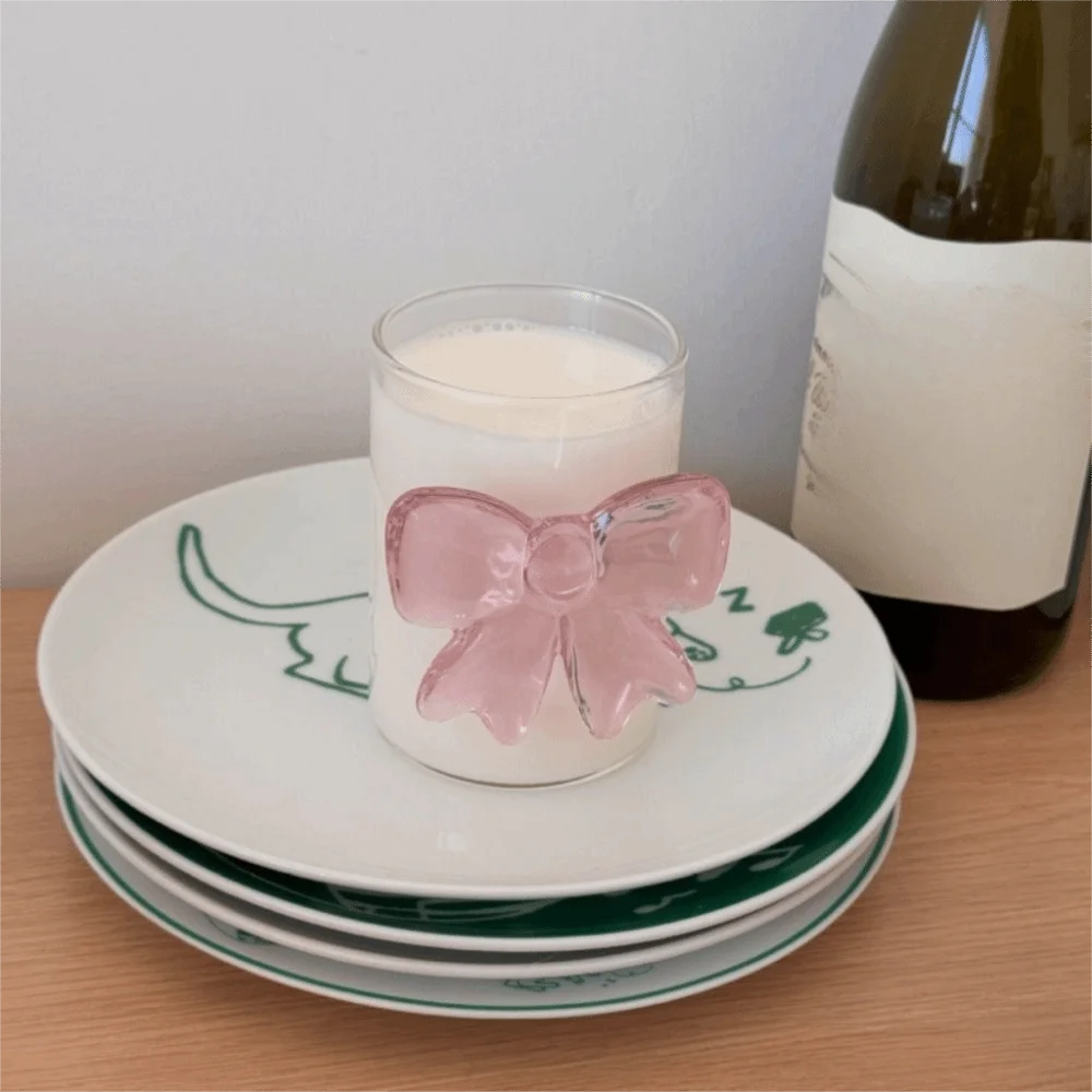 

Multi-Use Transparent Pink Bow Glass High Borosilicate Heat-Resistant Milk Glass Cup 3D Yogurt Bowl Party
