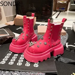 Womens Genuine Leather Rivet Owl Metal Decor Ankle Boots Platform Chunky High Heel Rhinestones Round Toe Shoes 4Colors New 2024