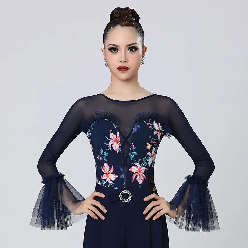 Double Wals Top Ballroom Jumpsuit High-End Hoornmouwen Mooie Nieuwe Stijl Danskleding