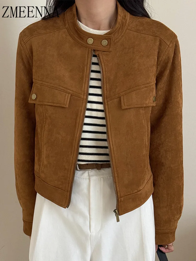 

ZMEENNA Women's Faux Suede Brown Zip-Up Jacket With Stand Collar And Flap Pockets Chic And Casual Outerwear ZM3775