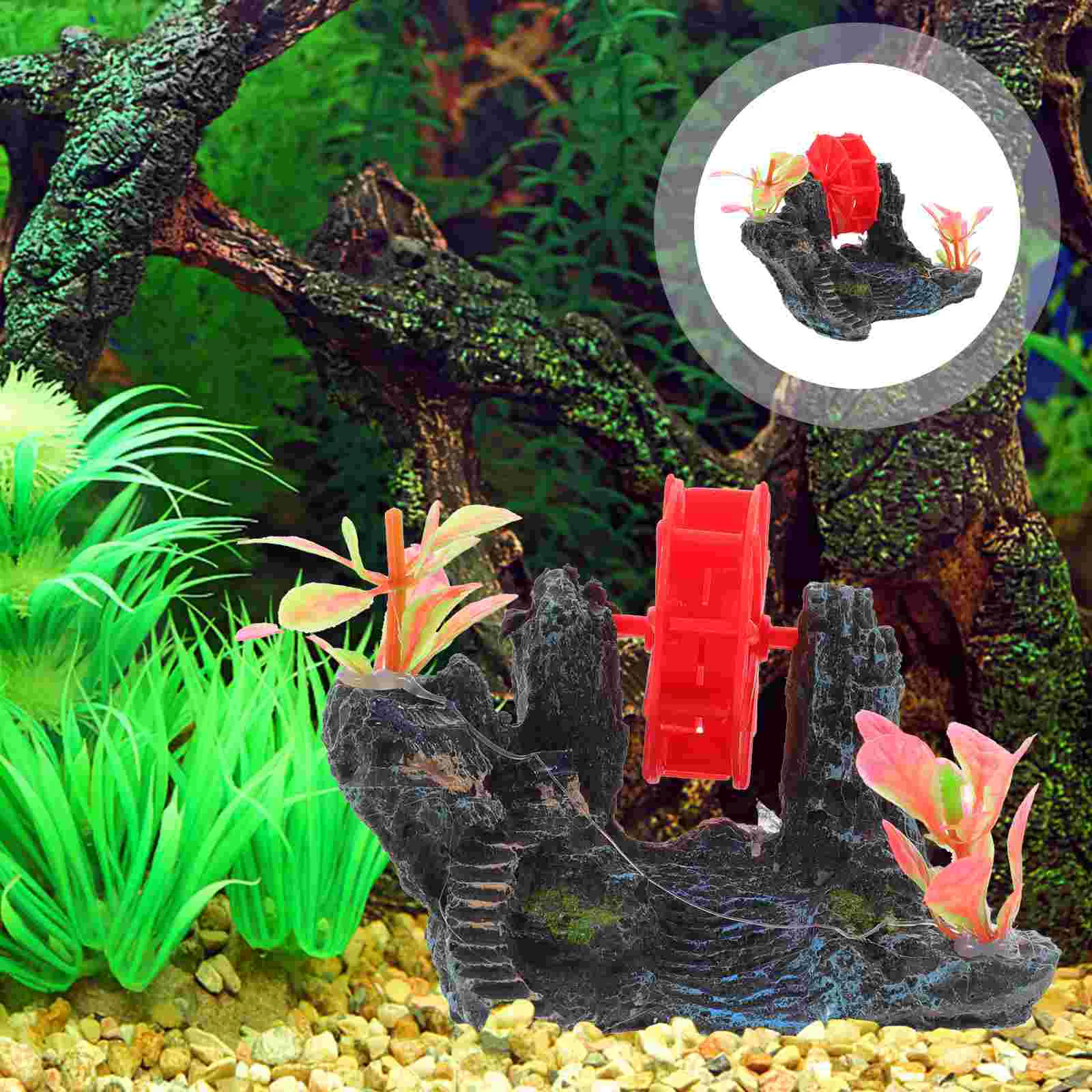 1 Mini Resin Rotating Waterwheel Fish Tank Decor Aquarium Landscape Supplies Random Flower Grass Design Safe Fish