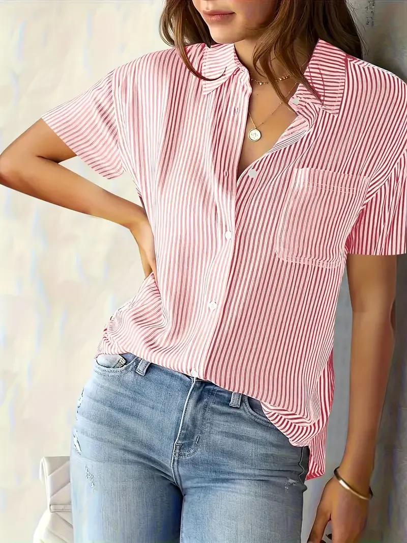 

Plus Size Women's Elegant Striped Button-Up Short Sleeve Shirt Women Lightweight Blouse for Spring/Summer